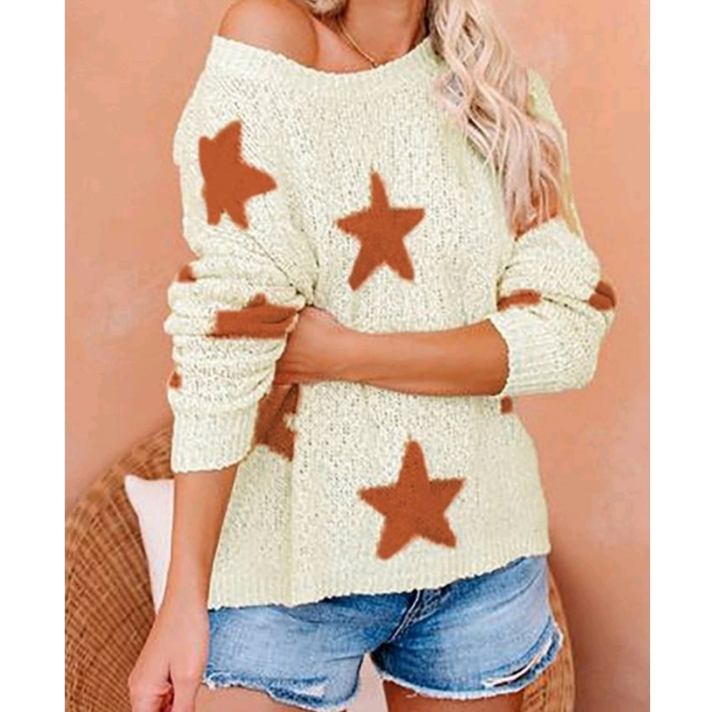 Women's S  Beige Star Long Sleeves Sweater